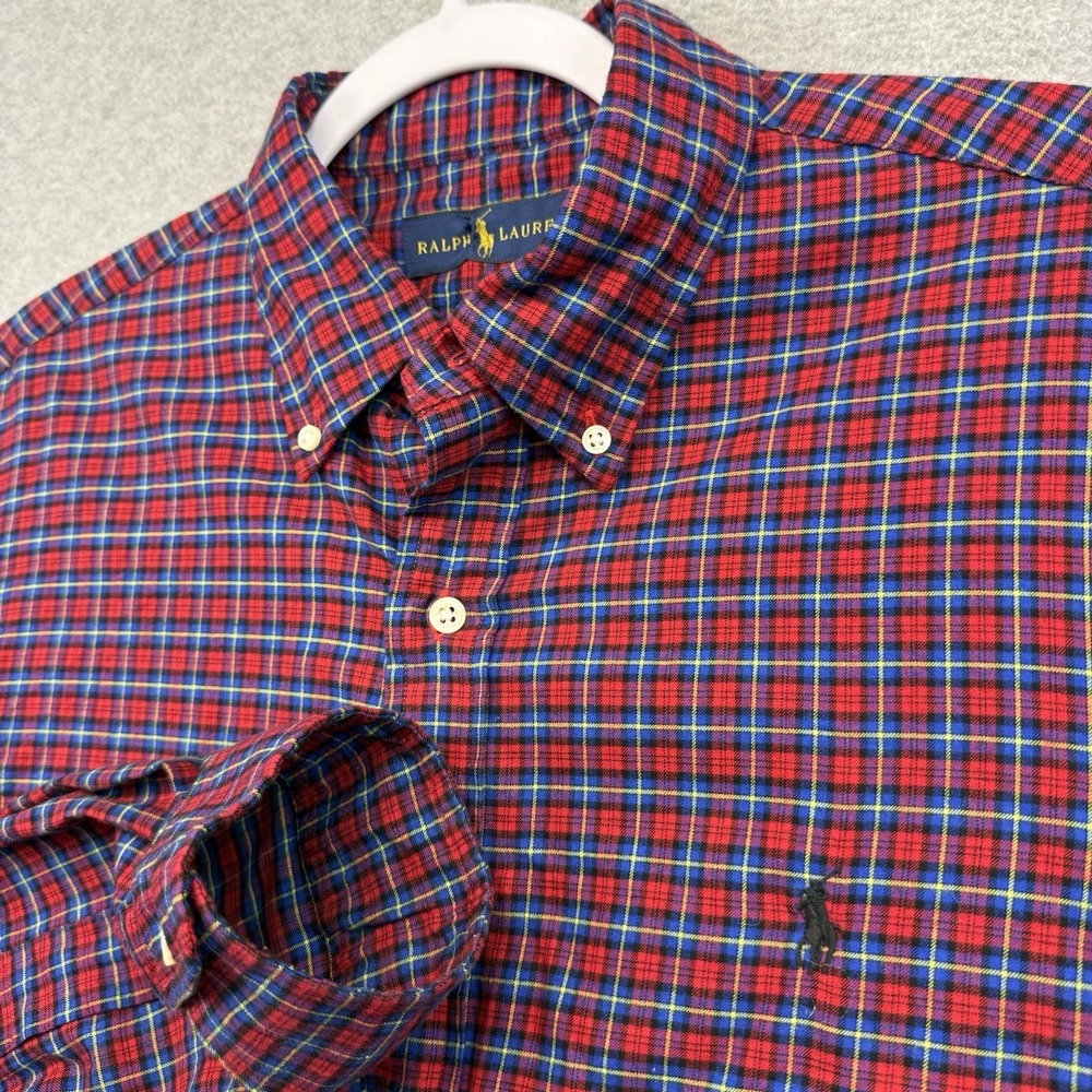 Polo Ralph Lauren Shirt Mens L Blue Green Red Tartan Plaid Button Down Preppy